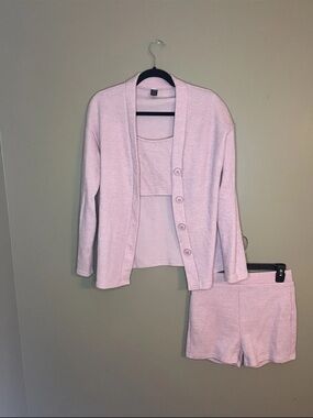 SHEIN Light Pink 3-Piece Knit Lounge Set - Cardigan, Tank & Shorts Women’s Mediu